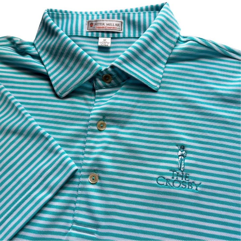 Peter Millar Summer Comfort The‎ Crosby Green White Stripe Polo Shirt Men Large
